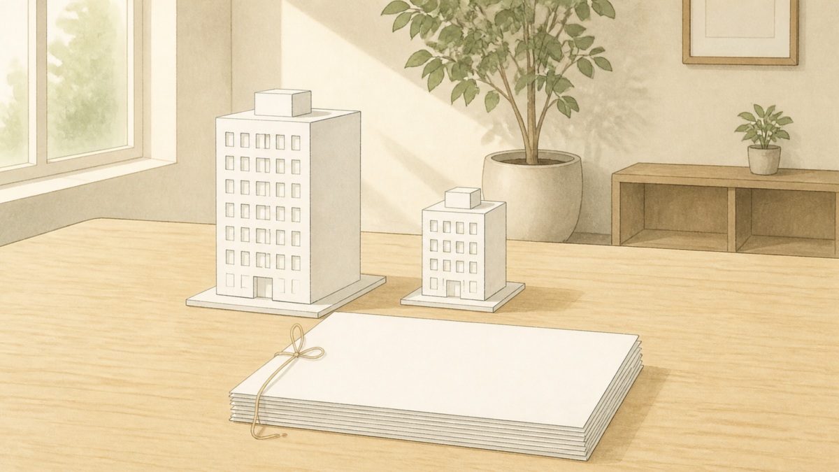 大きさの違う2つの白いビルの模型と、ひもで綴じた書類の束
